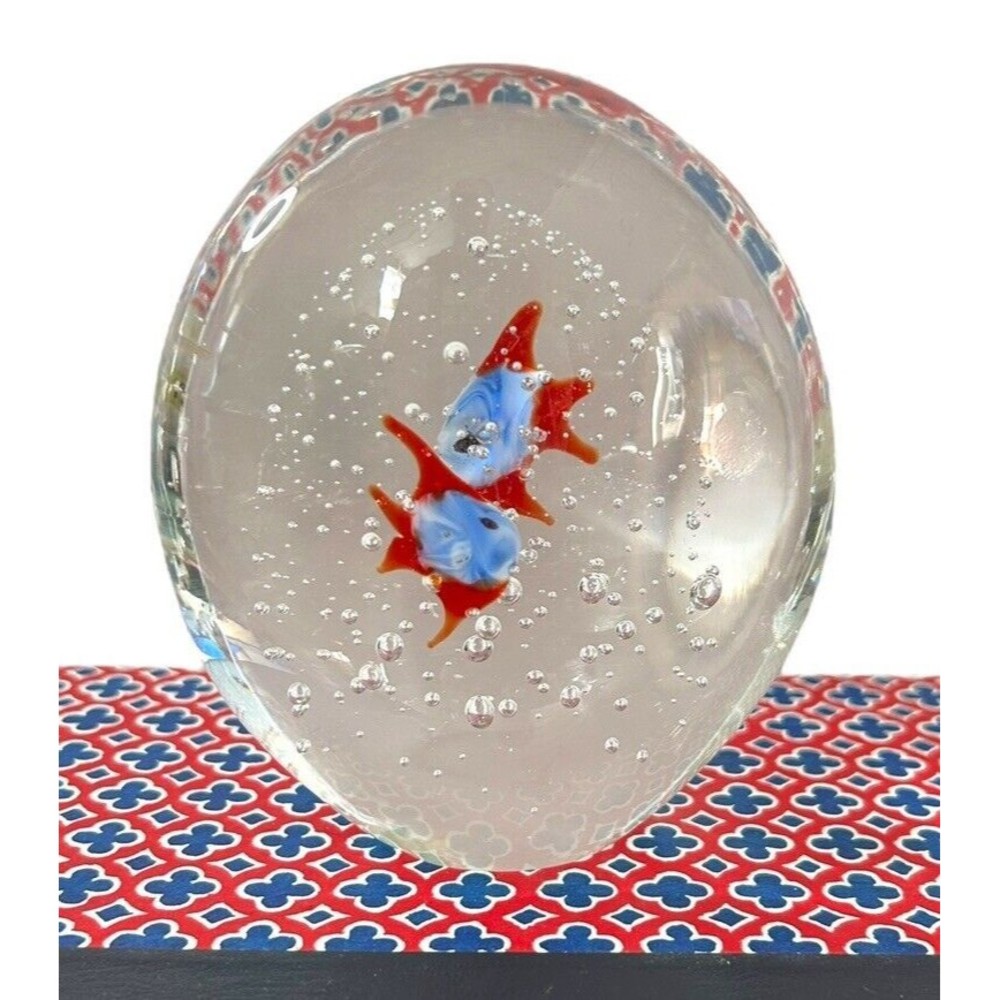 Vtg Art Glass Paperweight Controlled Bubbles Fish Seahorse Aquarium Murano Style